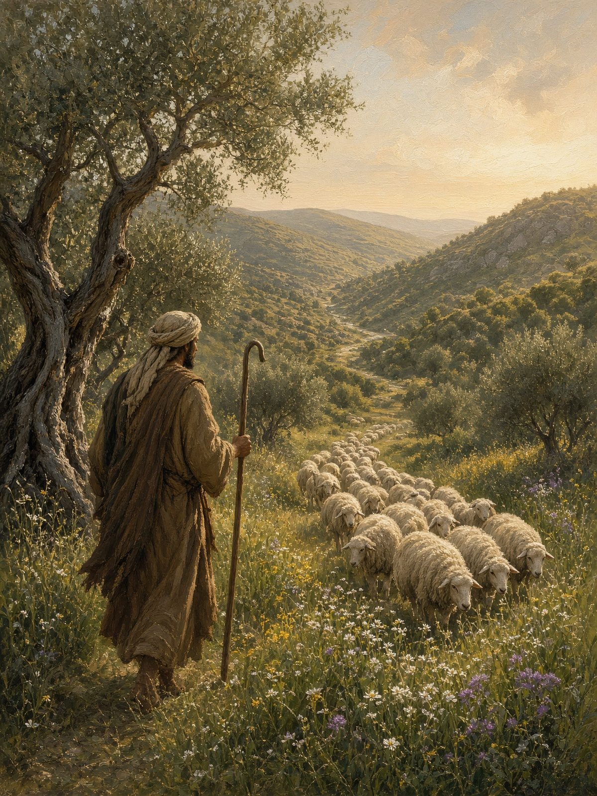 A shepherd leading sheep through a green valley of wildflowers