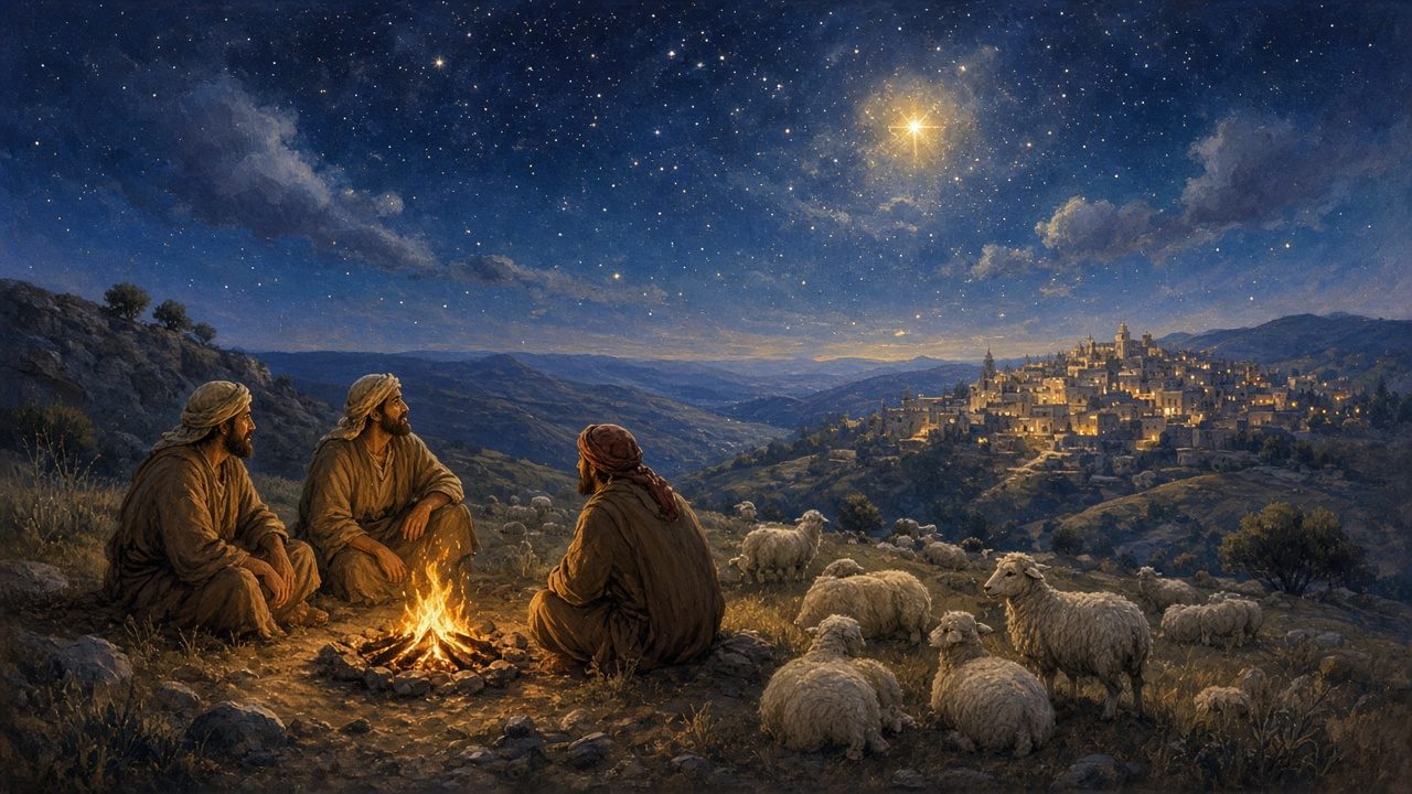 Shepherds by a campfire with sheep under the stars.
