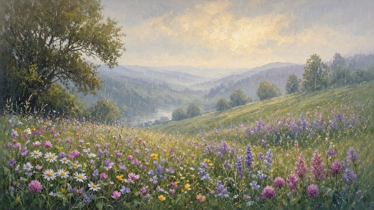 Soft rain falling on a spring meadow of flowers.