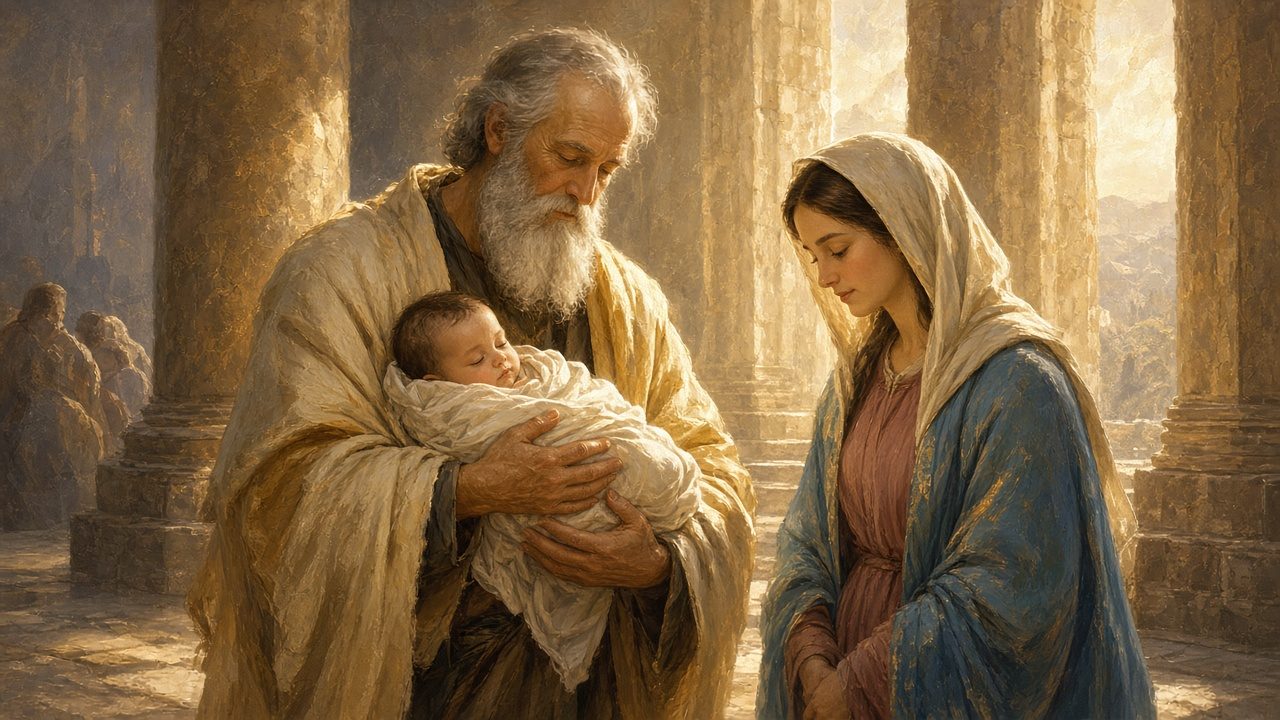 An old man holding the infant in the temple.