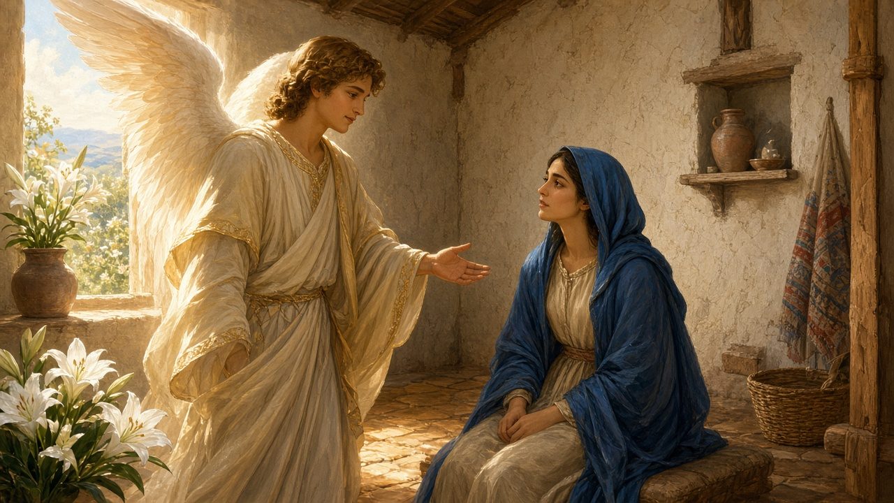 An angel greeting Mary in a sunlit room with lilies.