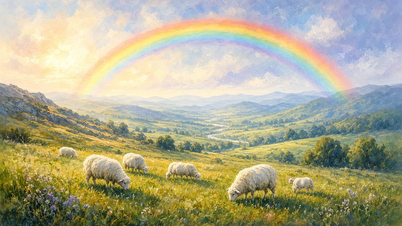 A brilliant rainbow over a washed valley with grazing sheep.