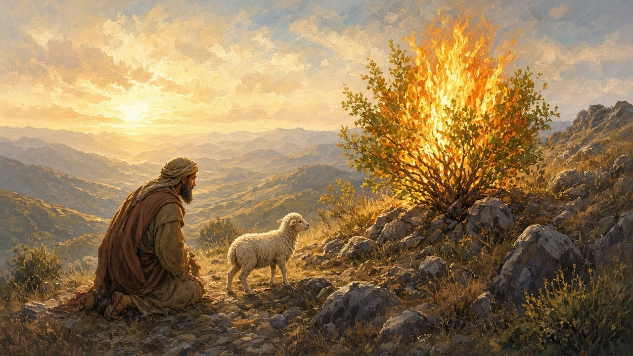 A bush aflame but unburnt on a rocky hillside, Moses kneeling, sheep near.