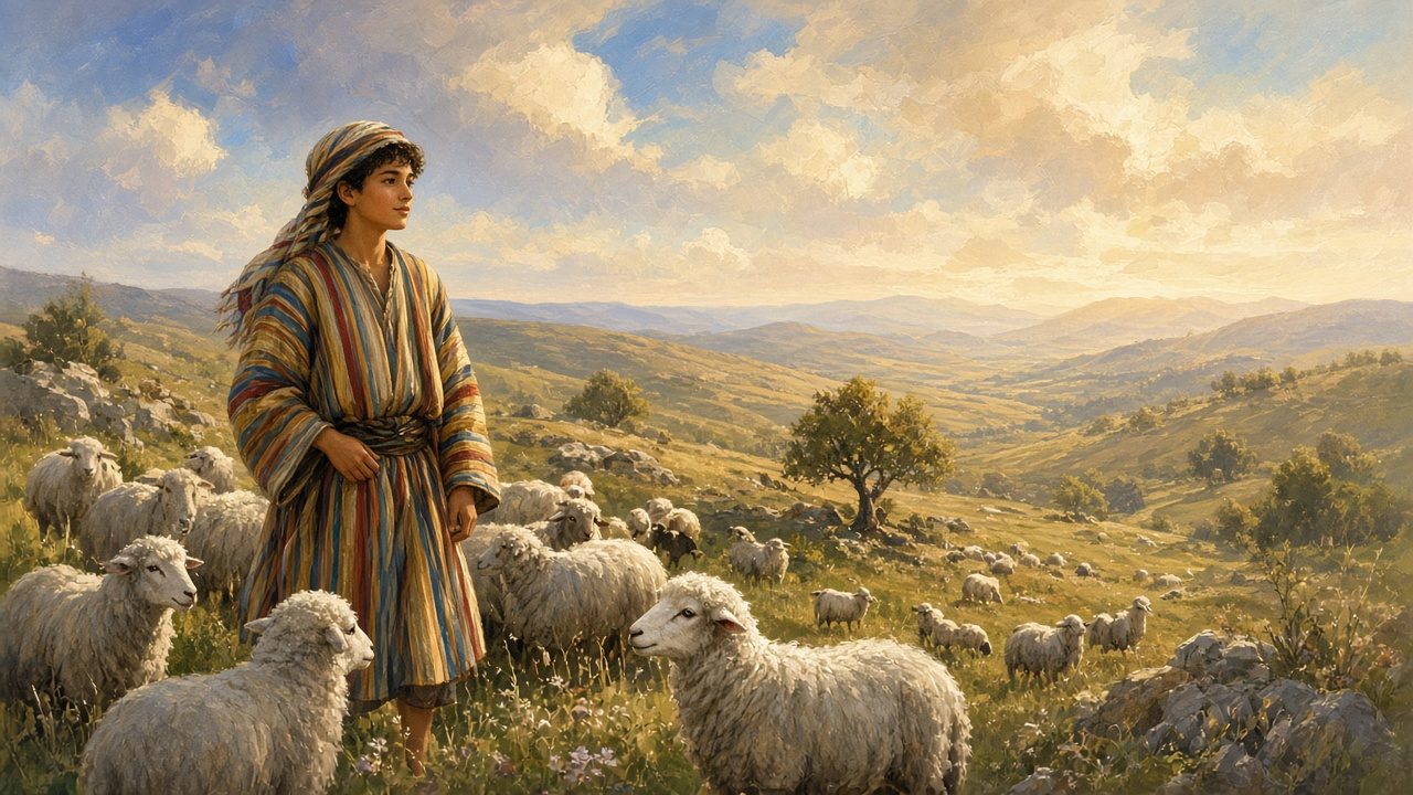 Young Joseph in a striped robe among his father's flocks.