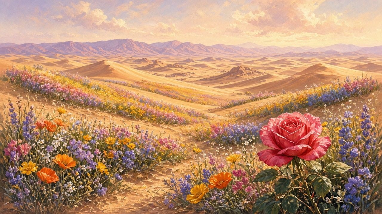 Desert dunes bursting with blossoms and a rose.