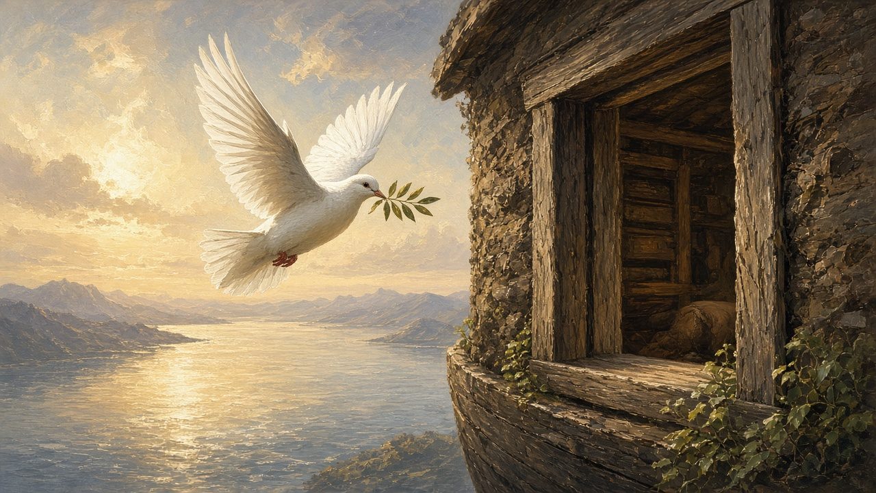 A white dove with an olive leaf flying toward the ark window.