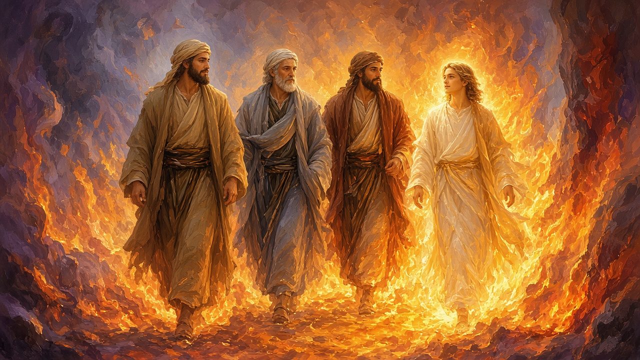Three men and a fourth figure walking unharmed in flames.