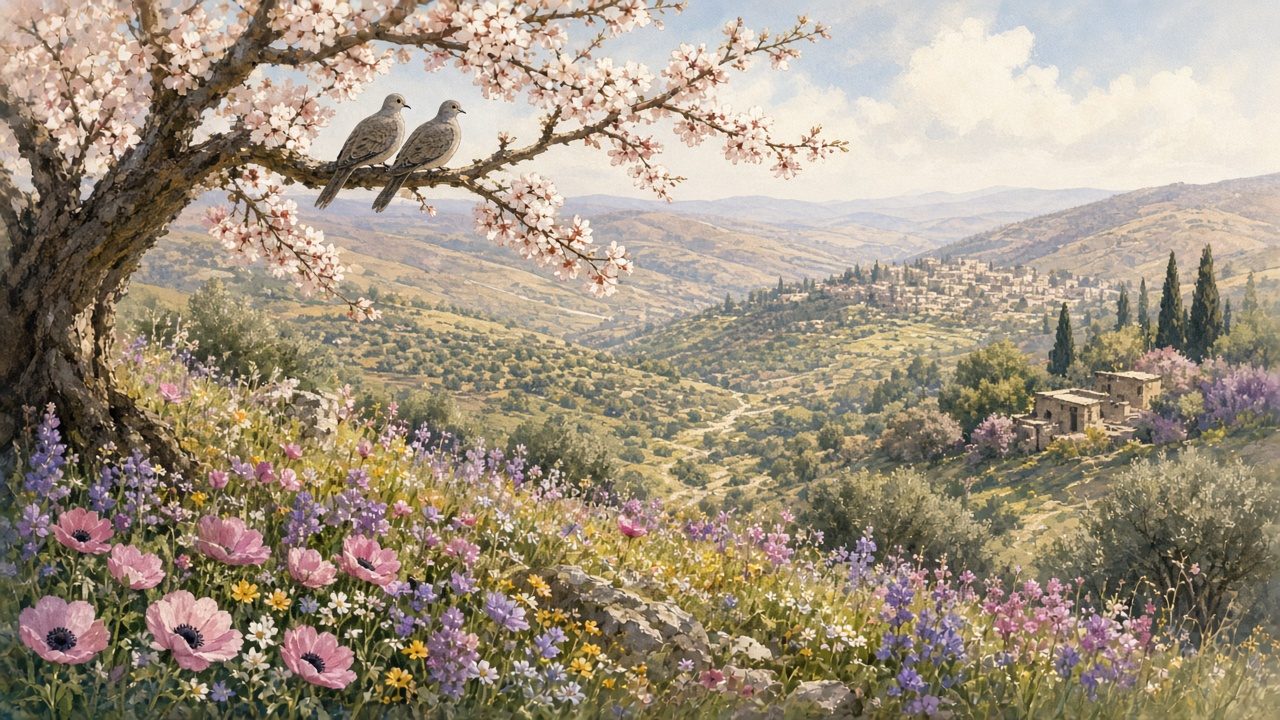Spring blossoms and turtledoves.