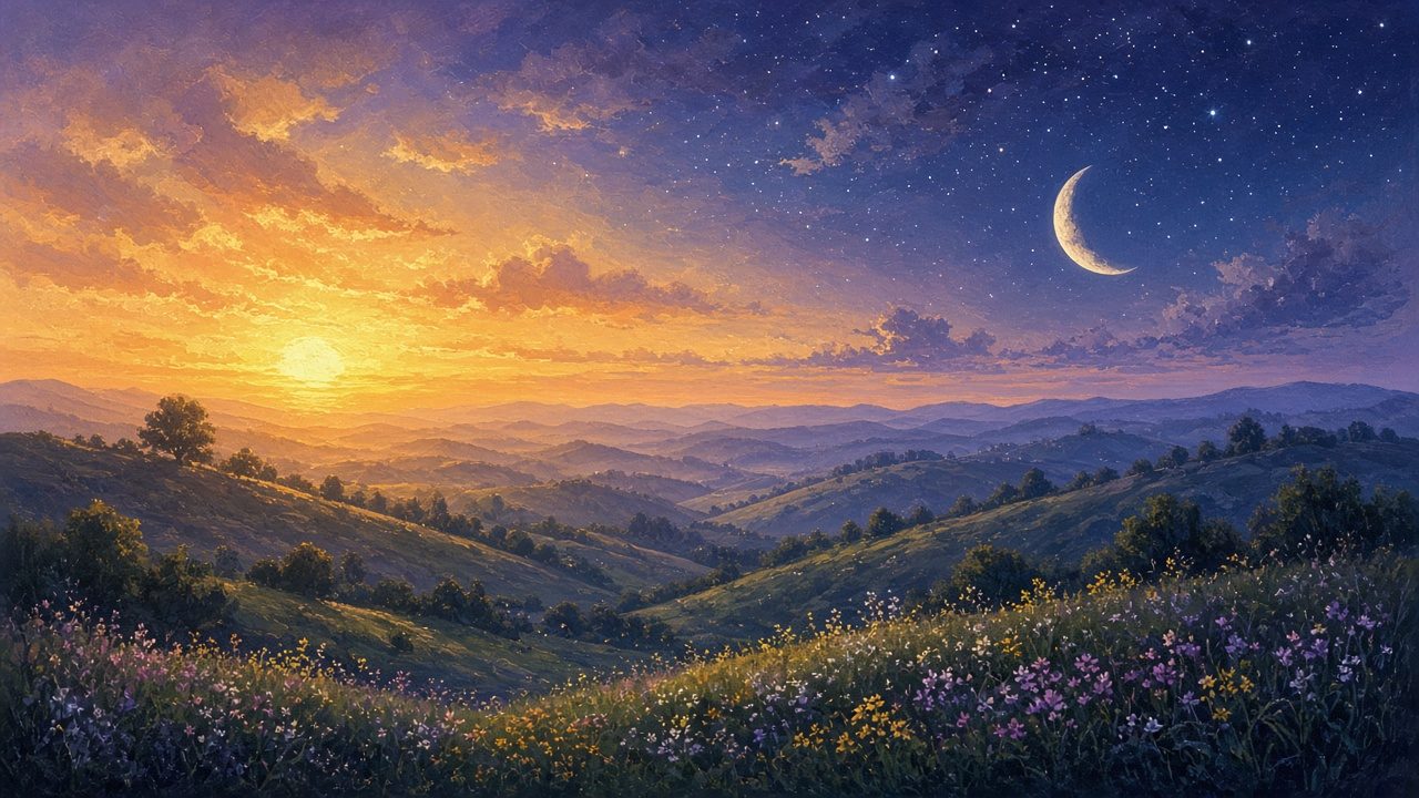 Sun setting on one side, moon and stars rising on the other over rolling hills.