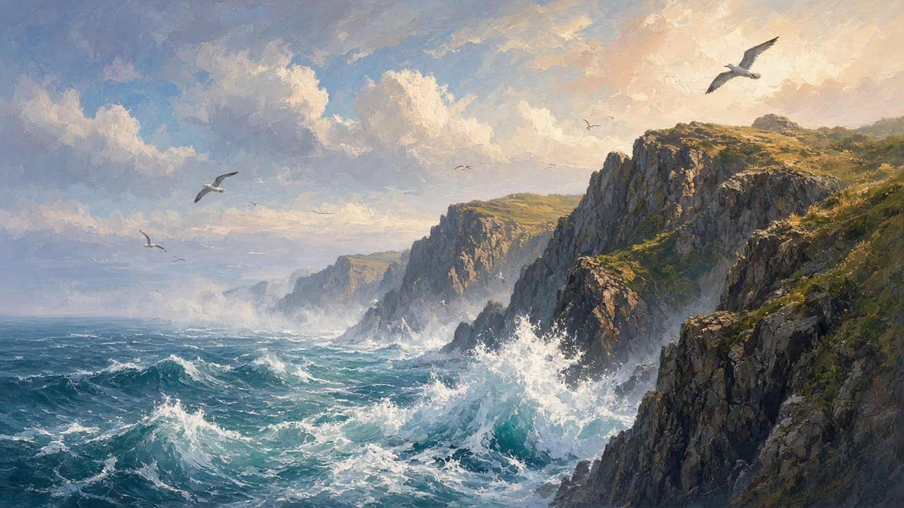 Waves crashing on cliffs with gulls.