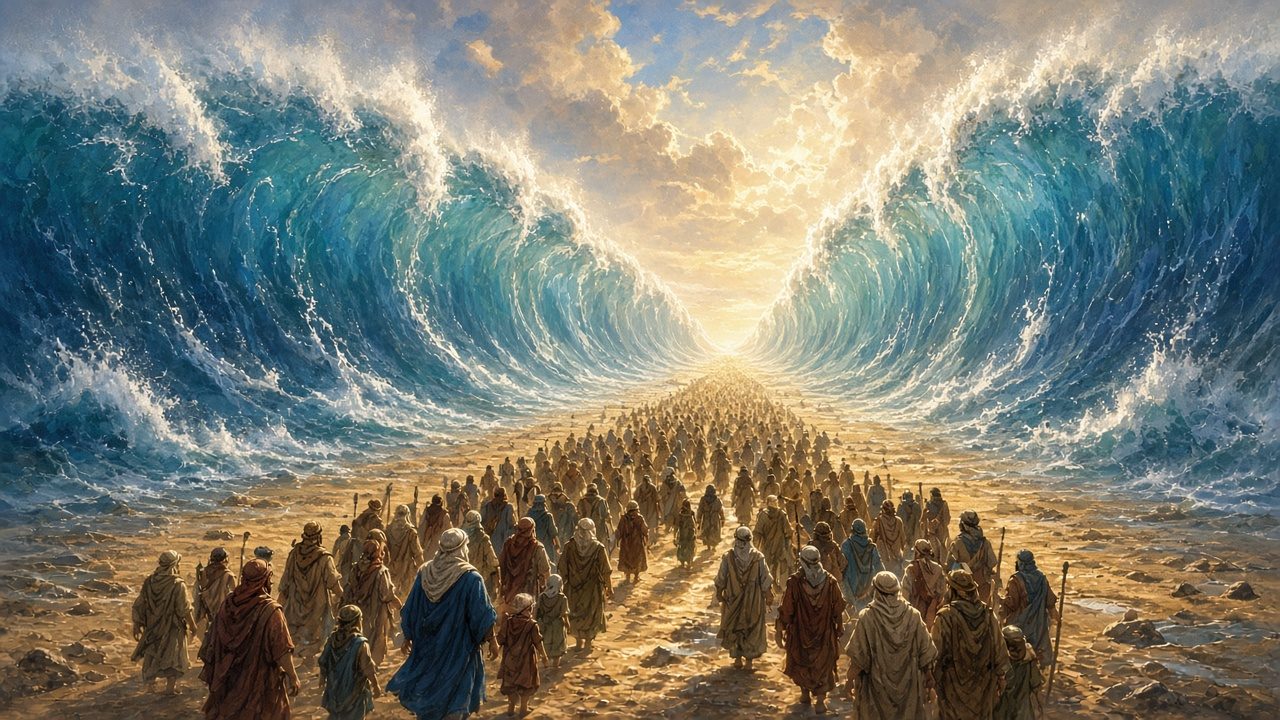 Towering walls of water and a dry path through the sea.