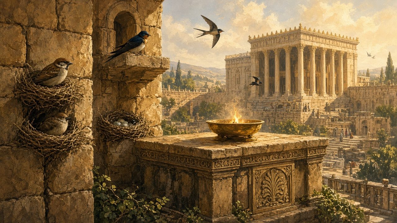 Sparrows and swallows nesting by a temple altar.