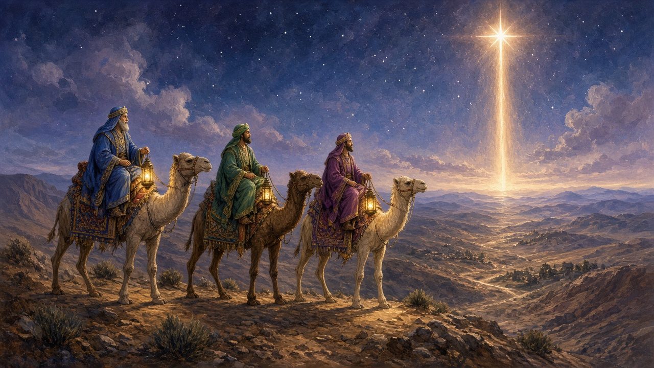 Three wise men on camels following a bright star.
