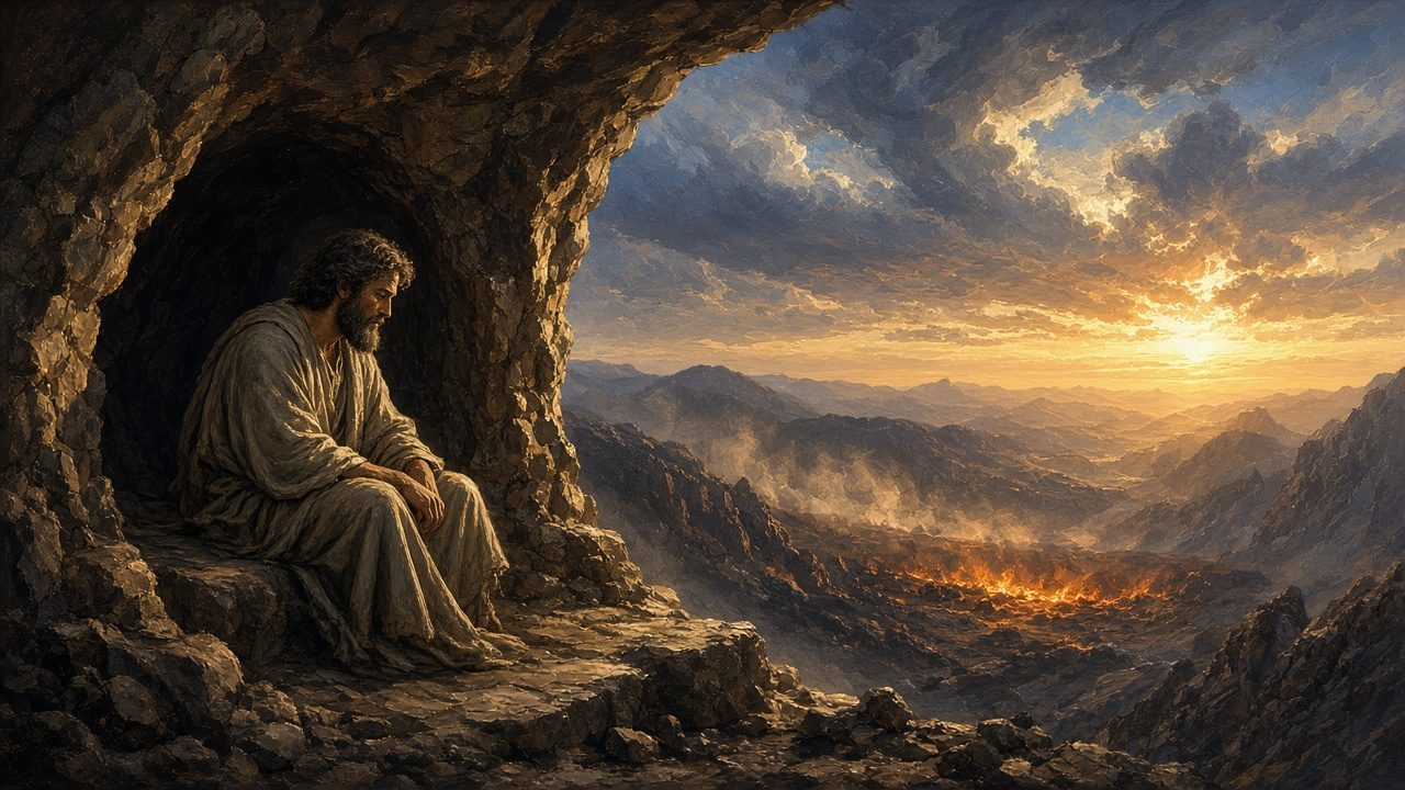 Elijah at a cave mouth after wind, earthquake and fire.