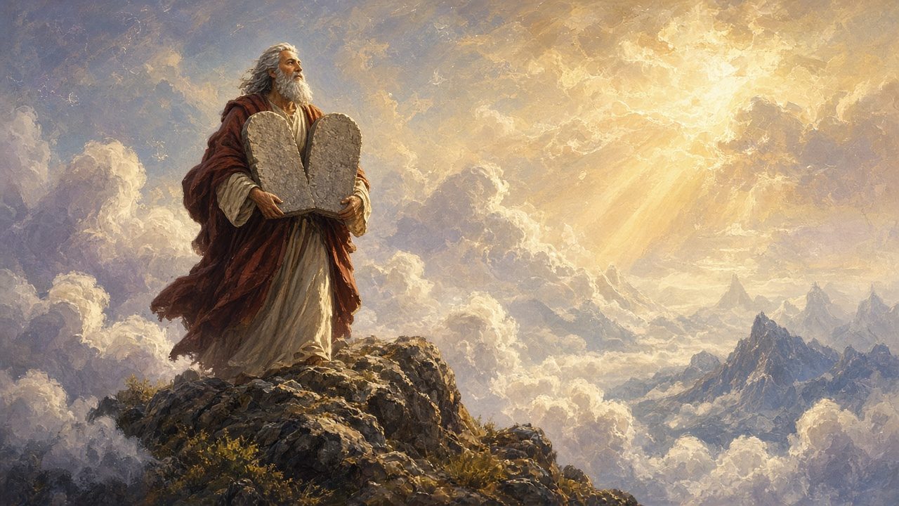 Moses on a mountain summit holding two stone tablets in clouds.
