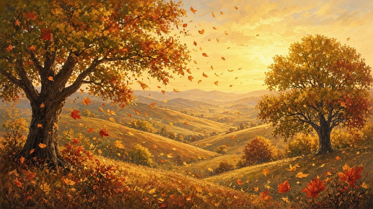 Trees and hills in a festive autumn wind.