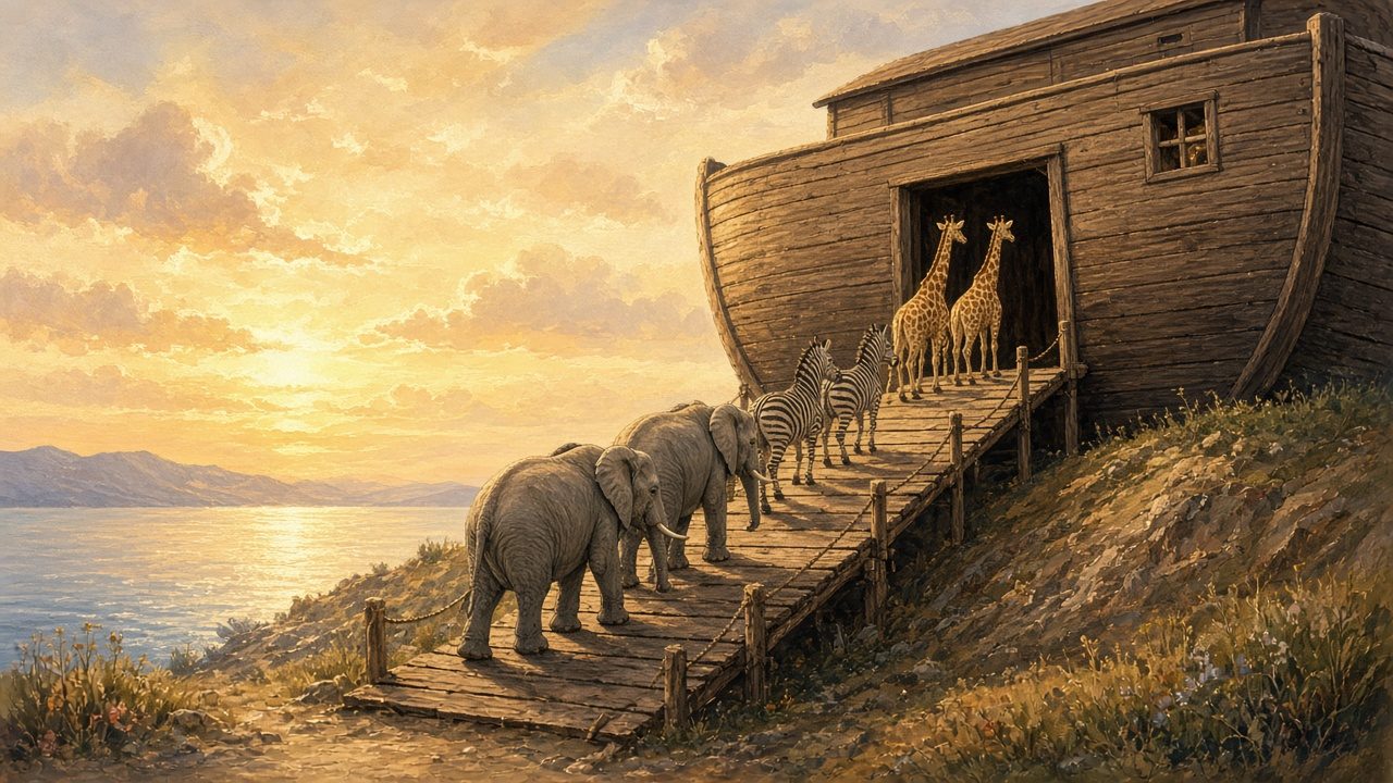 Pairs of elephants, zebras and giraffes walking up the ramp into the ark.
