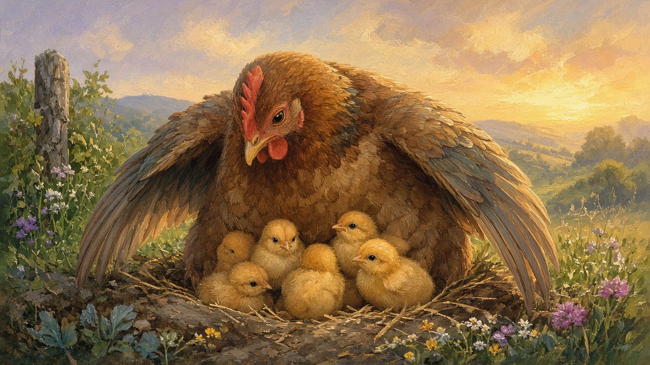 A mother hen sheltering chicks under her wings.