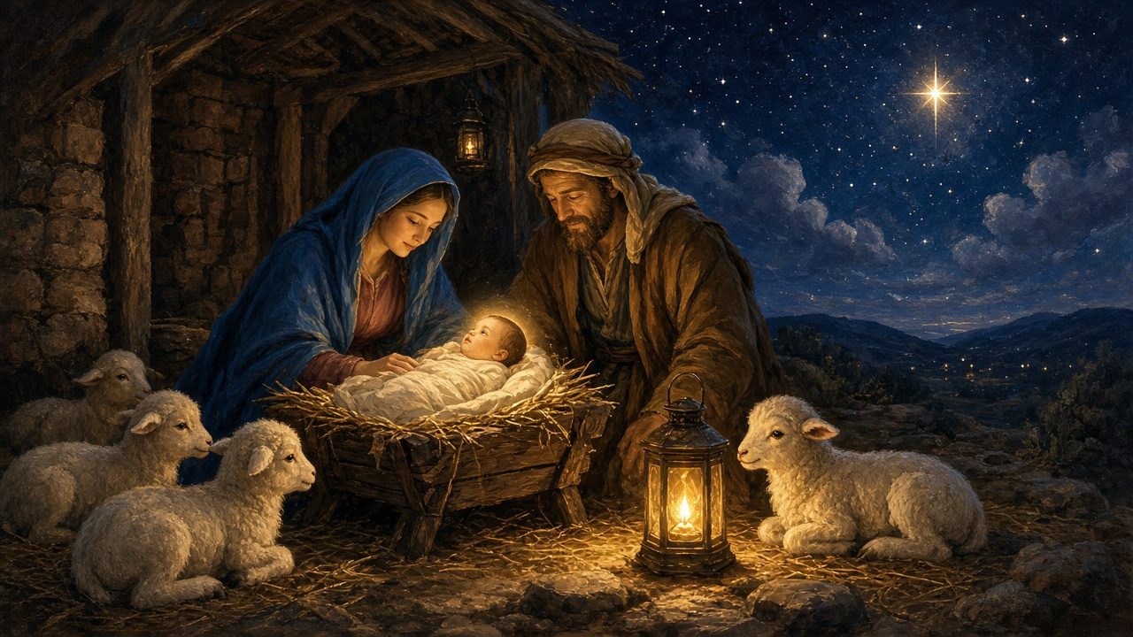 A glowing nativity scene with lambs and a lantern.