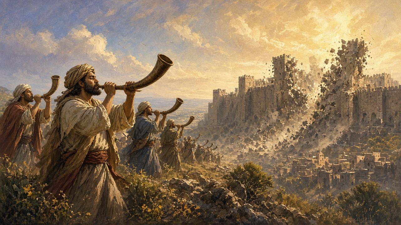 Trumpeters with ram's horns as the city walls tumble.