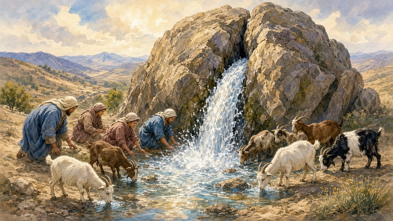 Water gushing from a split rock as people and goats drink.