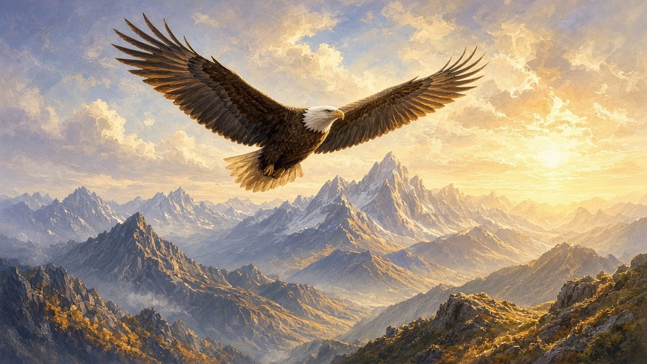 An eagle soaring over mountain peaks.