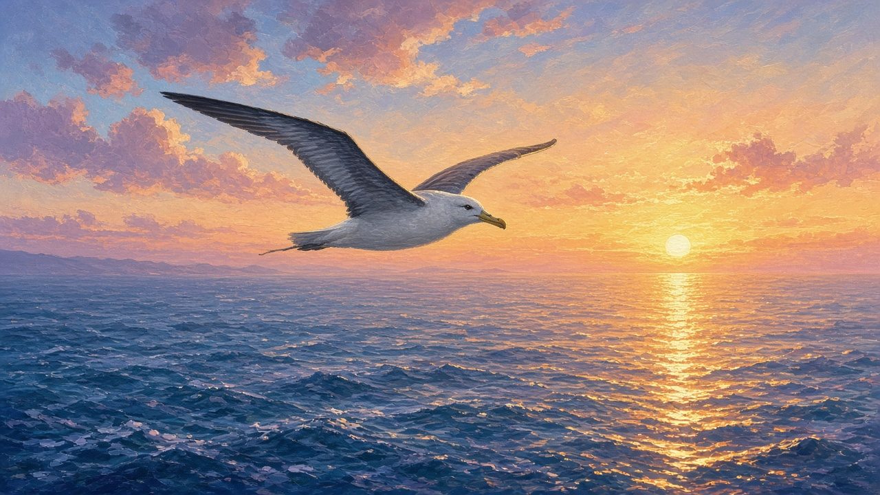 A seabird gliding over the sea at sunrise.